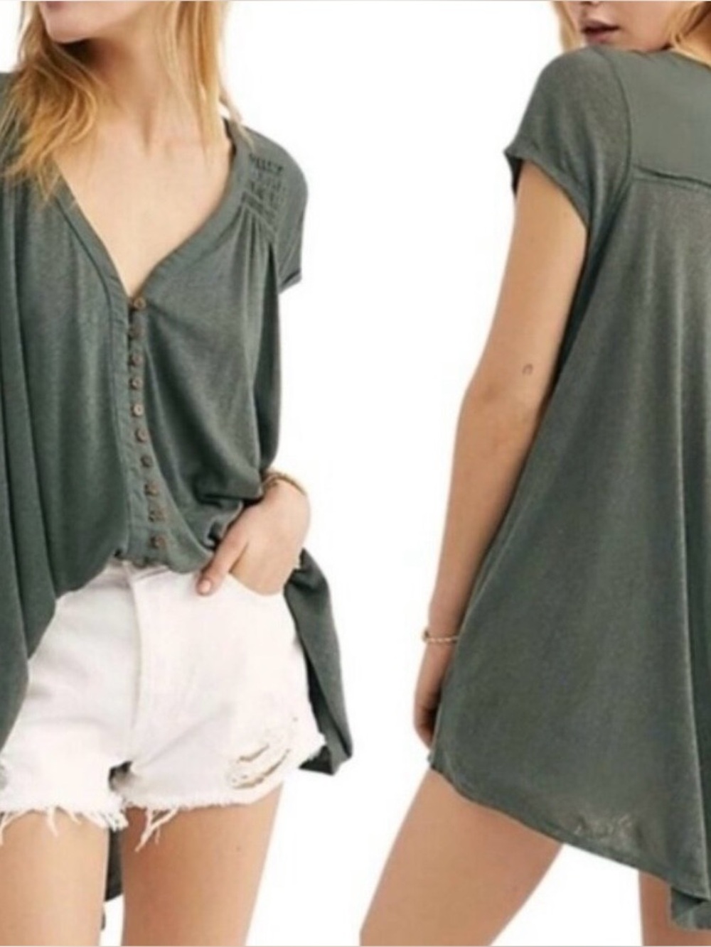 Free People Olive Green Button-Front Tunic Top